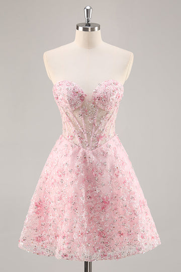 Pink Corset A Line Strapless Short Prom Dress with Appliques